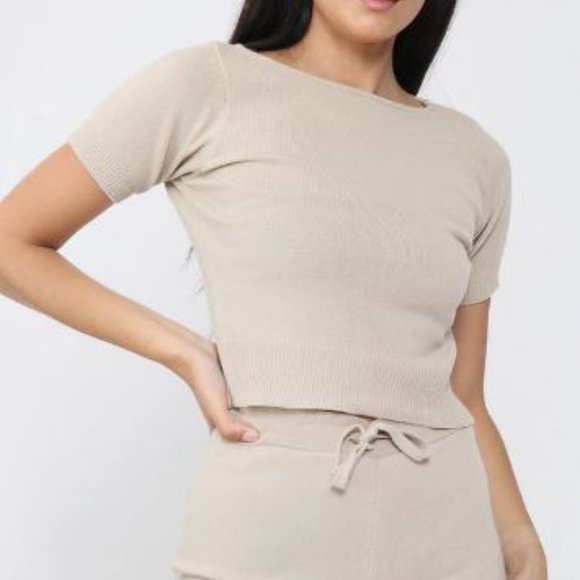 Tops - Beige Knit Short And Tee Set Soft Stretch Shorts And T-shirt Coordinates